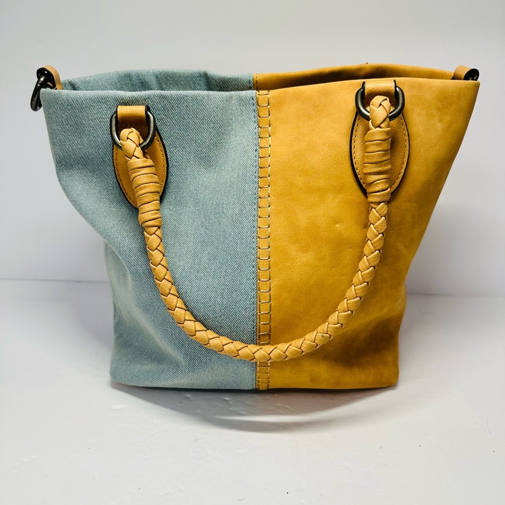 Time And Tru Purse Lovina Denim Honey Faux Leather Tote Bag Women’s